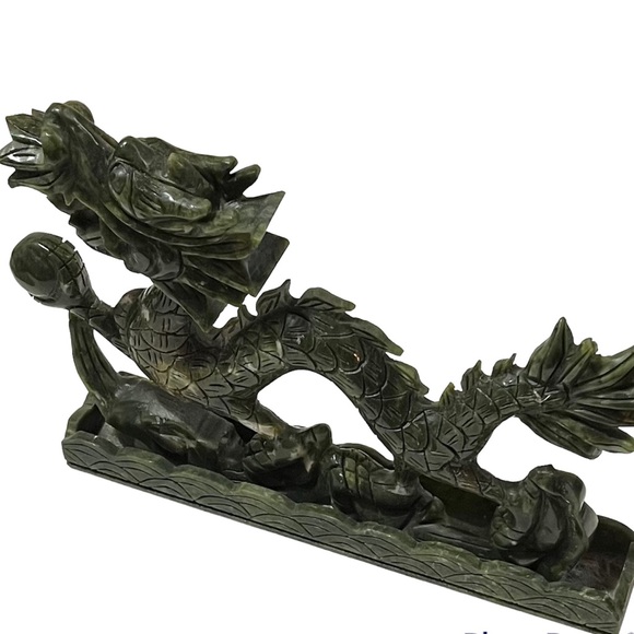 Carved Stone Fierce Dragon Statue Holding Orb Sphere Ball Green Maybe Old Jade - Picture 4 of 11